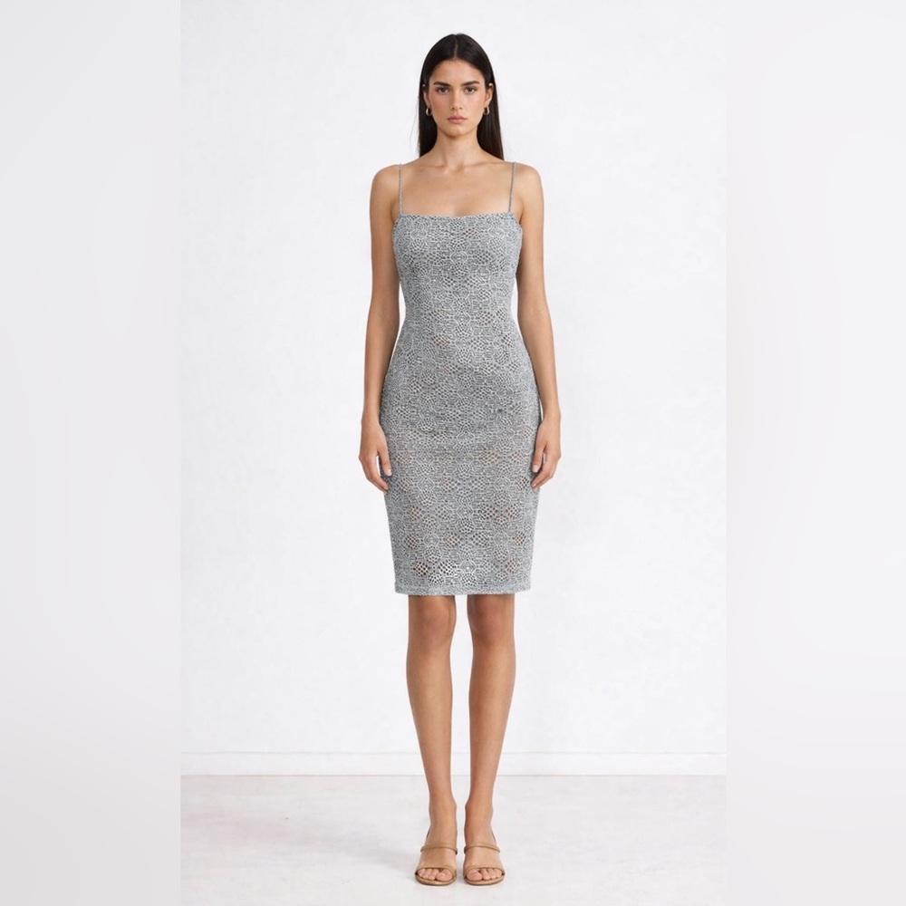 SNDYS Lace Bodycon Midi Dress Blue Grey | Strappy Slip Dress